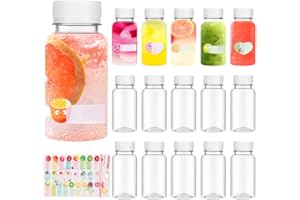 QHSXMQ 15 Pcs Juice Bottles with Lids, 100ml Plastic Shot bottles, Reusable Small Bottle with lids for Smoothie, Milk, or juice Drinks - Includes Fruit Stickers (White)