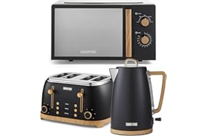 GEEPAS 20L Microwave Oven 700W, 4 Slice Toaster & 1.7L Electric Kettle Combo Set NordiQ Design | Matte Finish with Wood Accents | 1500W Bread Toaster & 3000W Rapid Boil Cordless Jug Kettle | Black