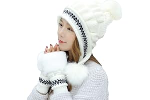 Vohoney Wintermütze Strickmütze Damen Warmer Beanie mit Pompon Mütze Handschuhe Set 2 in1 Winter Dickes Strickset Frauen Mütze mit Passendem Handschuhe Women Hat and Gloves Geschenk Winterzubehör