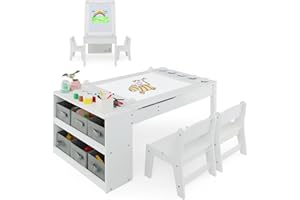 COSTWAY Stół dziecięcy z 2 krzesłami, stół do aktywności 3 w 1 i sztaluga z drewna z podnoszonym blatem z kolorowymi kubkami, 6 pojemników z materiału i rolką papieru, zestaw do siedzenia dla dzieci