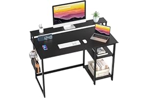 GreenForest Computer Desk with Full Monitor Stand and Reversible Storage Shelves,100 cm Computer Office Desk with Headphone Hooks and Cup Hooks, Gaming Workstation Table, Black