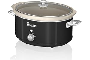 Swan Retro SF17031BNEU Olla Cocción Lenta 6,5L Recipiente Extraíble, Antiadherente Cerámica libre PFOA y PTFE, 3 Niveles Temperatura, Tapa Vidrio, Slow Cooker, Diseño Vintage, Negro, 320W