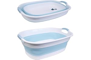 S.I.C Bassine pliante, grande (30 litres) cuve à linge en plastique, cuve à linge peu encombrante, idéale pour le linge sale, lessive, bain de pieds, panier équipé d'un bouchon de vidange d'eau(bleu)