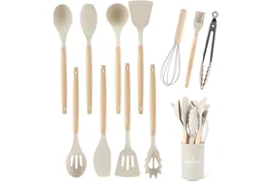 IXYDOR 12 Piezas Utensilios Cocina de Silicona, Resistente al Calor Antiadherente, Juego de Utensilios de Cocina de Silicona,Apto para lavavajillas,Accesorios cocina,Juego de cubiertos con cubo(Caqui)