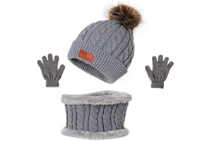 TBSCWYF Gorro de Punto Invierno Térmico con Guantes y Bufanda Forro Polar Niños Set Beanie Gorro Sombrero de Punto Invierno Cálido con Pompon para Niños Niñas