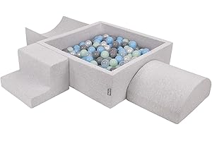 KiddyMoon Area di Gioco in Schiuma con Quadrato Piscina di Palline (300 Palline) per Bambini, Grigioch:Perla/Grigio/Trasparente/Azzurro/Menta