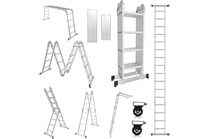 Gimisgu Scala multiuso, 4,7 m, 4 x 4 gradini, in alluminio, pieghevole, con 2 piattaforme e 2 ruote, scala in alluminio 7 in 1, 16 pioli, portata massima 150 kg