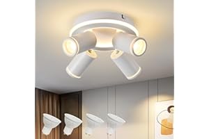 SANSHI Deckenleuchte 4 Flammig LED,Schwenkbar 350° Rund Deckenstrahler,Deckenlampe mit unteres Glühen 22W+4x5W GU10 Spots,Modern Deckenspot Strahler 3000K Warmweiß,Spotlight Lampe für Wohnzimmer,Küche,Weiß