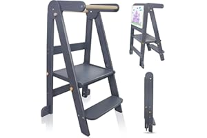 Uuoeebb Foldable Learning Tower, Wooden Step Stool for Kids with 3 Adjustable Height, Kitchen Folding Learning Tower for Child with Magnetic Whiteboards 1-6 Years Children Stool