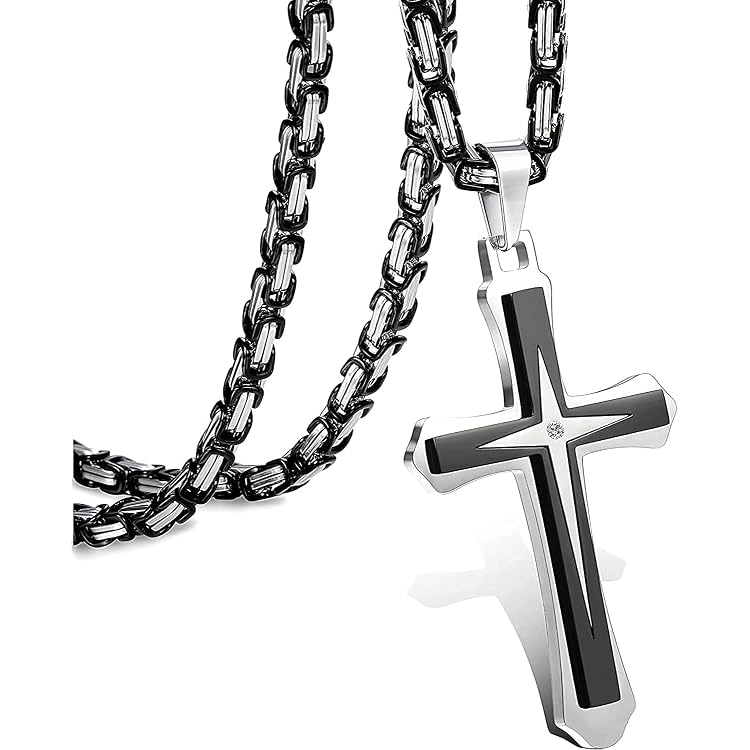 Collier Homme Acier Inoxydable Avec Pendentif Croix Damier - Longueur 52 Cm - Pochette Velours Incluse