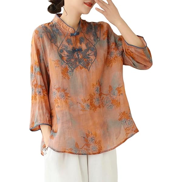 Summer Hanfu Cotton-Ramie Chemisier Ample Décontracté à Manches 3/4 Col