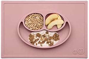 ezpz Happy Mat (Blush) - 100% Silicone Suction Plate with Built-in Placemat for Toddlers + Preschoolers - Divided Plate - Dishwasher Safe - 24 Months+