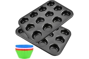ANNTIM 2 Pièces Moule a Muffin pour 12 Muffins, Moules à Muffins en Acier Carbone Antiadhésif Et 12 Moules à Muffin en Silicone Réutilisables, Moules à Muffins en Acier Carbone Antiadhésif