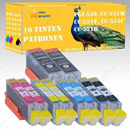 10 x Ink Cartridges with Chip compatible with Canon Pixma. PGI 550 CLI 551 Black Cyan Magenta Yellow MG MG5400/MG5450/MG5500 Series