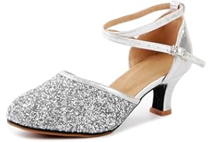 OCHENTA Womens Sequined Leather Pointed Toe Kitten Heel Latin Ballroom Dance Shoes