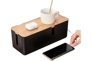 UNPOTEN Kabelbox Schwarz, Kabelmanagementbox, Große Kabel Organizer Box mit Holzdeckel für Kabel, Kabelmanagement Box Adapter, Kabel Organizer, Büro Kabel Verstecken Box, Kabelbox Schwarz 30X12x11.5cm