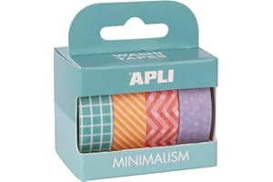 APLI 19839 - Confezione nastri adesivi decorativi - carta tipo WASHI TAPE - stampe minimaliste e colori pastello - 4 rotoli - Nastri 15 mm x 10 m