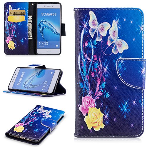 Huawei Honor 6C Case,Huawei Honor 6C Case Leather ,Huawei Honor 6C Case Wallet -COZY HUT Colorful Painting PU Leather Notebook Design Flip Cover Folio Inlaid Inner Soft TPU Case with [Card Slot] [Built Stand] [Magnetic Closure][Wallet Function] Protective Skin Durable Case for Huawei Honor 6C Model - Butterfly Rose