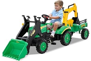 Maxmass Kids Ride on Bulldozer, 3-in-1 Children Pedal Ride on Excavator with Detachable Trailer, Adjustable Digging & Shovel Bucket, Horn Sound, Toddler Tractor Toy Car for 3-6 Years Old (Green)