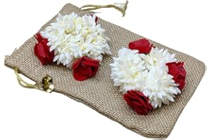 Estationeryhouse Wedding Gajra, Scrunchie Gajra Bracelet, Hand Gajra, Indian Wedding Floral Jewelry Gajra, Mogra Gajra, Elastic Gajra pack of 2 in jute bag (with rose)