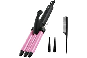 JANELOVE 3 Barrels Mini Hair Waver for Short & Medium Hair, 13MM Curling Iron Curling Wand, 0.45lb Lightweight, Mini Size Hair Curler, Travel Friendly-Pink