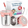 LiLLMONKiDZ Stainless Steel Tumbler for Kids With Lid, Straw, Cleaning Brush and Silicon | Glass With Straw (Ice Pink, 300ml)
