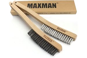 MAXMAN Wire Brush Set,Heavy Duty Carbon Steel and Stainless Steel Wire Scratch Brush for Cleaning Rust with 14" Long Curved Beechwood Handle,2 Pieces,Large
