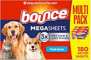 Bounce Pet Hair and Lint Guard Mega Dryer Sheets with 3X Pet Hair Fighters, Fresh Scent, 180 Count