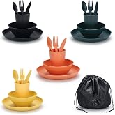 ReaNea Camping Utensils for 4 with Bowl, Plate, Cup, Spoon, Fork, Knife and Carry Bag, Plastic Camping Accessories Essentials