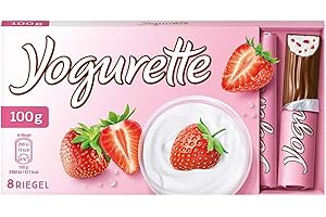 ‎YOGURETTE Yogurette Erdbeere Riegel – Fruchtig-frischer Geschmack von Magermilchjoghurt, Erdbeeren & zarter Vollmilchschokolade – Snack für zwischendurch – 1 Packung mit 8 einzeln verpackten Riegeln, 100 g