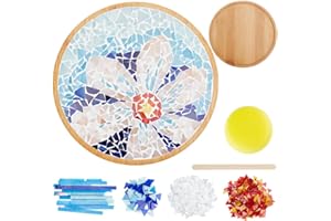 WEBEEDY Kit D'Artisanat de Mosaïque à Faire Soi-Même - Sous-Verres en Bambou avec Fleurs et Carreaux en Verre Bleu - Base Ronde Incluse
