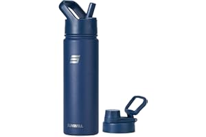 SUNWILL Stainless Steel Water Bottle With Straw, 650ml Insulated Water Bottle Metal, Leakproof Water Flask for Gym & Travel, Navy