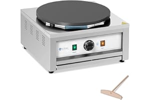 Royal Catering Crepera Máquina de Tortitas RC-CMS01 (Diámetro: 400 mm, 3.000 W, 0-300 °C, Acero inoxidable/hierro fundido revestido de teflón)