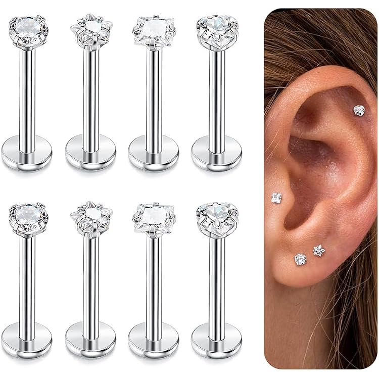 Lot De 8 Piercings Tragus / Helix / Labret 16G Acier Chirurgical Avec Zircone Cubique - 6/8/10/12 Mm Argenté - Bijoux Oreille & Lèvre Femme
