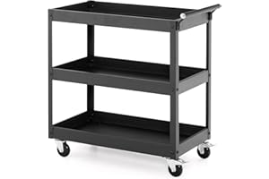 COSTWAY 3 Tiers Tool Trolley, Heavy Duty Service Cart with Handle and Lockable Wheels, Rolling Workshop DIY Storage Trolley for Garage Restaurant Kitchen (1 Towel Rack Handle, Black)
