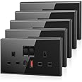 5 Pack CNBINGO USB Type C Glass Double Socket, 20W Max Fast Charging, Double Switched Socket with 20W PD USB C and A, 2 Gang Electric Power Socket, Black Wall Outlet with Tempered Glass Panel