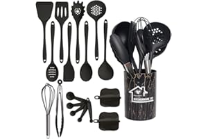 BUCOMTU 18 Pezzi Utensili da Cucina,Utensili da Cucina in Silicone,Silicona Resistente a Altas Temperaturas y al Calor, Antiarañazos, con Cubo de Almacenamiento para Utensilios de Cocina (nero)
