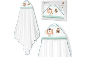 Interbaby - Capa de Baño Bebé +Real Madrid | Toalla con Capucha 100% Algodón, Unisex | Suave, Secado Rápido | Ideal para Recién Nacidos, Bebes y Niños Pequeños | Diseño León