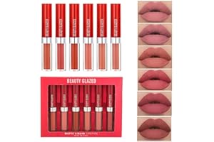 BEAUTY GLAZED 6 colores Velvet Nude Kit de brillo de labios Copa antiadherente Barra de labios mate sexy Lápiz labial líquido hidratante a prueba de agua Manchas de labios duraderas Maquillaje de labios rojo oscuro