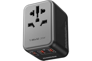 ‎MOMAX MOMAX Podróżny adapter wtyczki, 1-światowy 20 W (pojedynczy port) adapter gniazdka podróżnego z Pd i QC, międzynarodowy zasilacz 1Type-C + 2USB, uniwersalny adapter ładowarki do gniazda AC