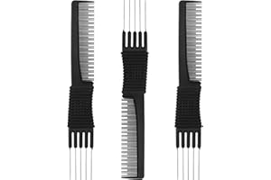 LEINUOSEN 3 Pack Black Carbon Lift Teasing Combs with Metal Prong, Salon Teasing Back Combs, Black Carbon Comb with Stainless Steel Lift (Style A)