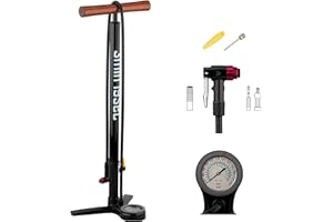 3min19sec Bomba de Aluminio de Primera Calidad Mango de Madera - hasta 16 bar/240 PSI - Bomba de Bicicleta Inflador de Bicicleta Todas Las válvulas con manómetro