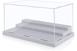 Mlikero Minifigure Display Case for Action Figures Blocks, Clear Dustproof Display Storage Box with 3 Movable Steps Gifts for Children Minifigures Collectors(Grey)
