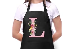SINEKONG Personalisierte Initialen Schürzen Damen, Kochschürze Baumwolle Verstellbare Küchenschürze mit Taschen zum Kochen, Backen, Geschenk für Frauen Mama Oma Freundin zum Geburtstag Muttertag Weihnachten L