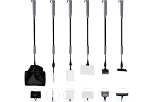 COVVY Kompletny zestaw do czyszczenia akwarium siatka na ryby + grabie + skrobak + widelec + szczotka gąbkowa do szkła zestaw narzędzi do czyszczenia akwarium (1, szary, 6 w 1)