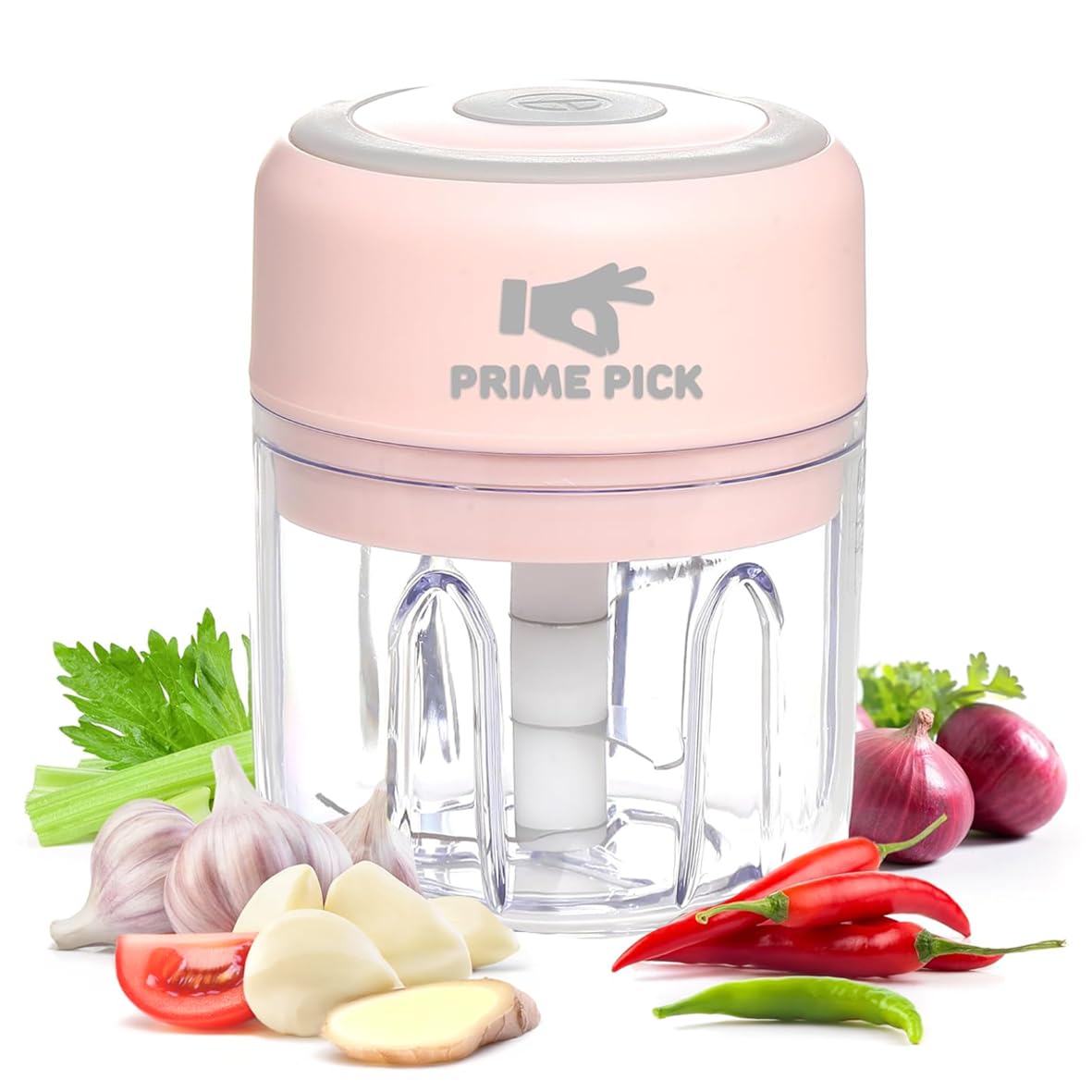Prime Pick Rechargeable Mini Electric Chopper - Stainless Steel Blades, One Touch Operation, for Mincing Garlic, Ginger, Onion, Vegetable, Meat, Nuts, (Pink, 250 ML, Pack of 1, 45 Watts)