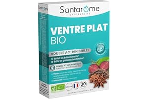 Santarome Bio - Ventre Plat I Complément Alimentaire Minceur Perte de Poids I Action Ciblée Rondeurs Abdominales - A base de plantes Bio - Carvi, Thé vert I 30 comprimés I Végan I Made In France