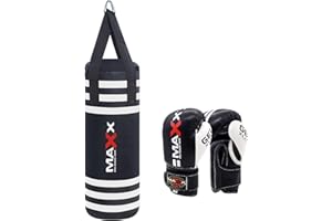 MAXX PRO BOXING GEAR Maxx Black White Kids Punch Bag Set - Junior Boxing Punching Bag with Bracket Hook and 6oz or 8oz Gloves