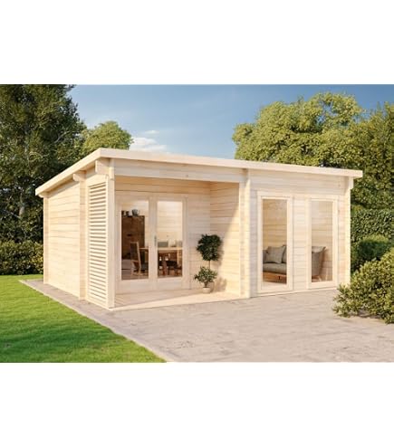 Abri De Jardin Pentagonal Liwa En Bois 28 Mm - Chalet De Jardin Avec Toit En Croupe Et Double Porte - Dimensions 595x300 Cm