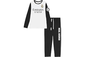 Real Madrid Pijama Oficial, Conjunto de Camiseta Manga Larga y Pantalón Largo con Emirates Fly Better, 100% Algodón, Tallas para Niños y Adultos, Blanco y Negro